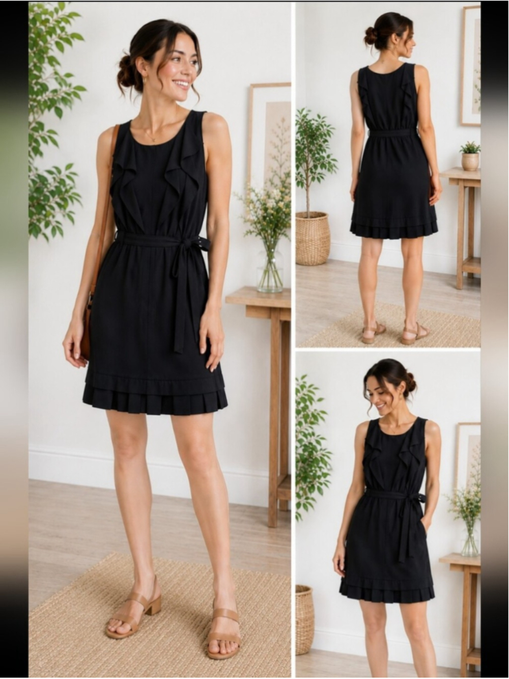 Diane Von Furstenberg Black Ruffle Dress Size 6 Belted Sleeveless Sheath Dress